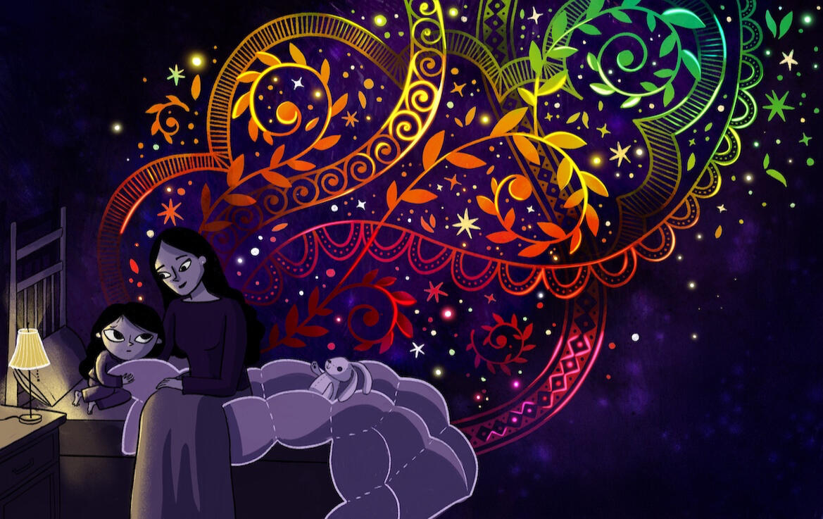 illustration from Always Anjali where the mom explains the meaning of Anjali's unique name