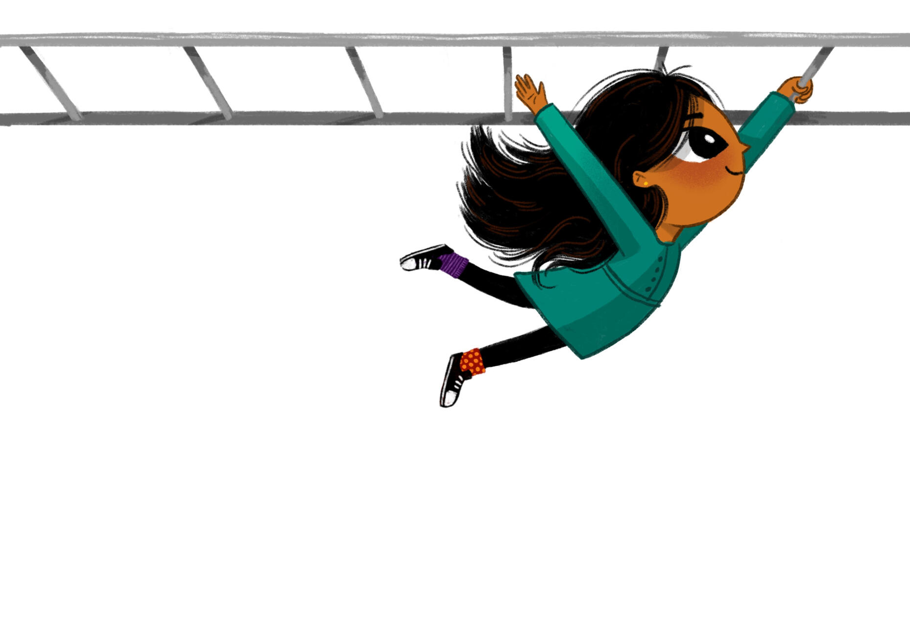 title page from the book Always Anjali shows Anjali swinging on monkey bars across the page
