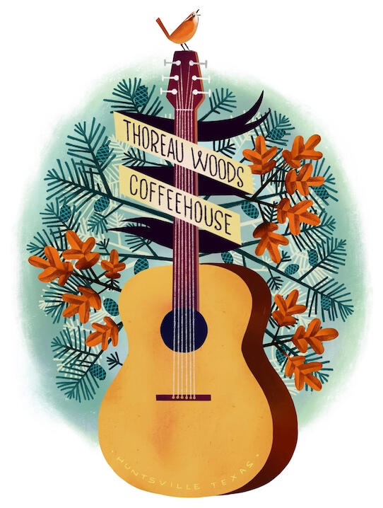 image created for local coffeehouse that fold artist, acoustic guitar surrounded by pine and oak boughs with a Carolina Wren perched on the guitar