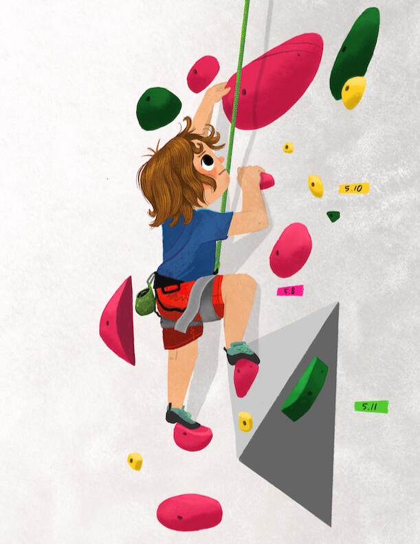 a drawing by Jessica Blank of a young boy conquering a route at an indoor rock climbing gym