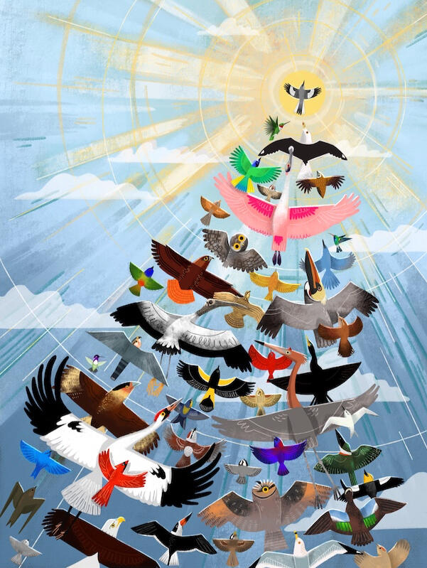 cover image for Texas Parks and Wildlife Magazine featuring the Christmas Bird Count, image is Texas birds flying up to a point like a Christmas Tree