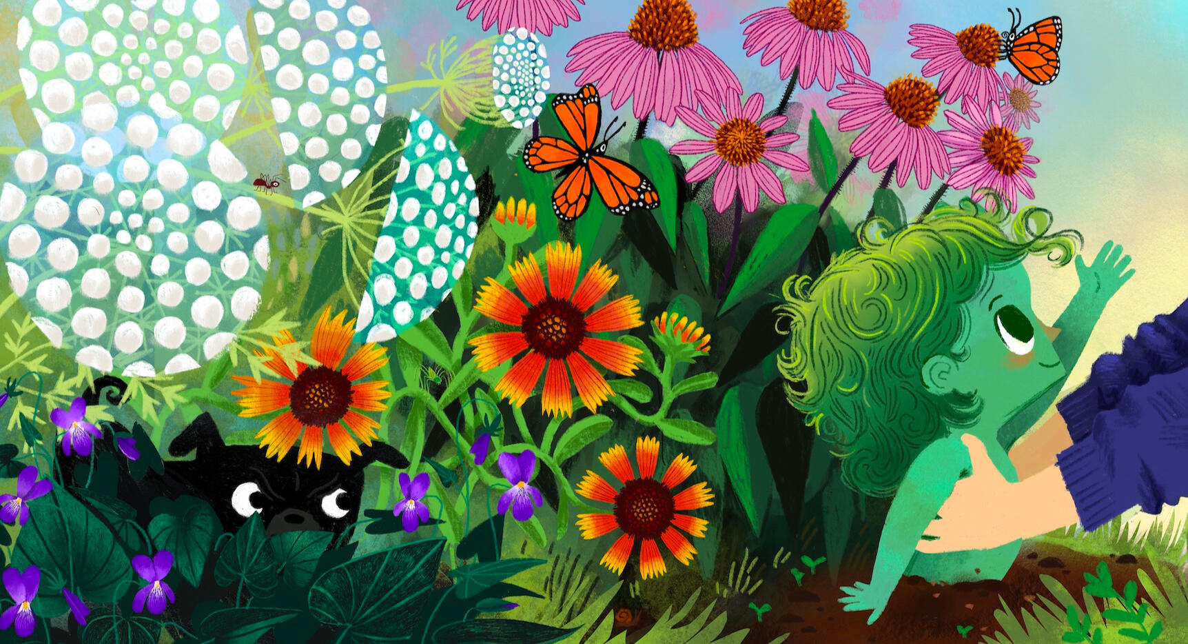 a spread from Jessica Blank's unpublished picture book "Green" a small green boy is being pulled from the dirt where he has grown among the flowers