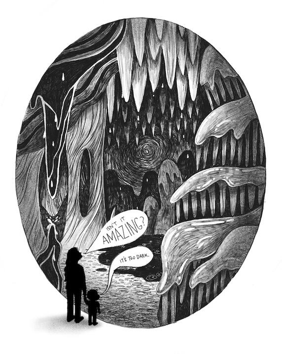 mom comic of a trip to Carlsbad Caverns, the page is filled with cave formations while the mom exclaims her wonder the child states that it is too dark