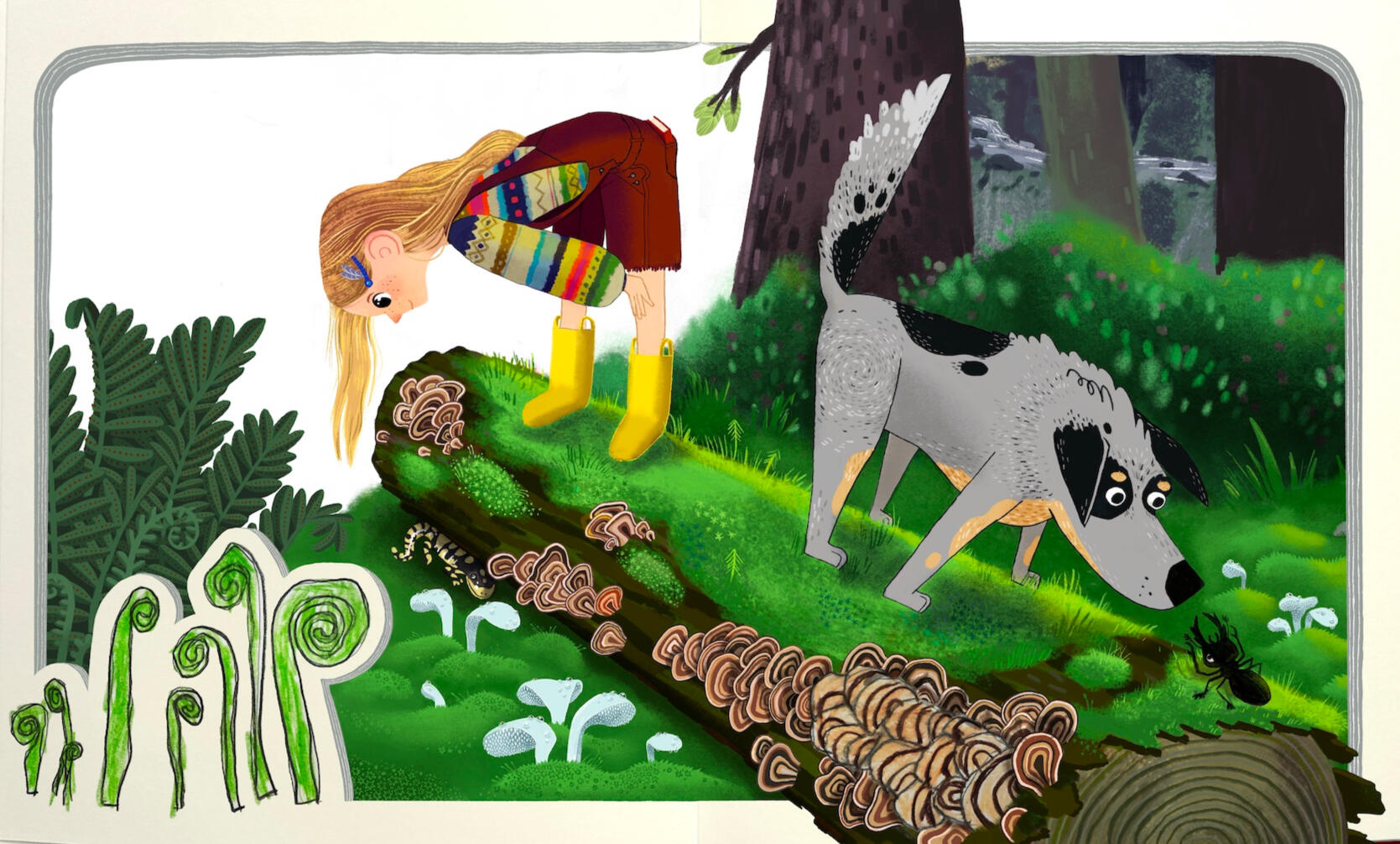 illustration by Jessica Blank of a girl exploring a mushroom and moss bedecked woods with her dog, the image is framed by the character's own sketchbook