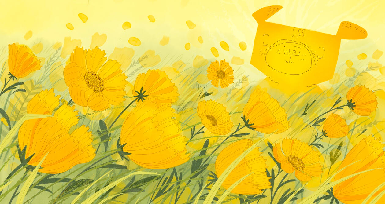 Illustration of a yellow pug basking in a yellow meadow filled with Coreopsis flowers dancing in the breeze