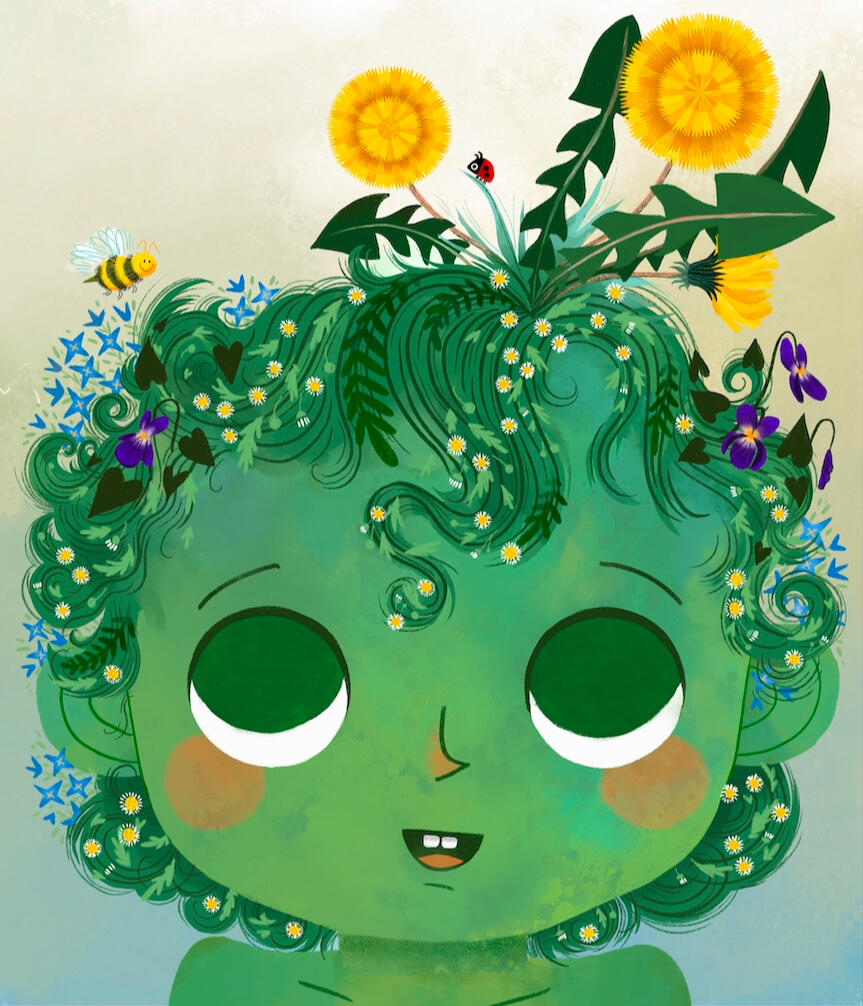 image from unpublished picture book of a green boy with hair blooming in violet, bluets, and dandelions