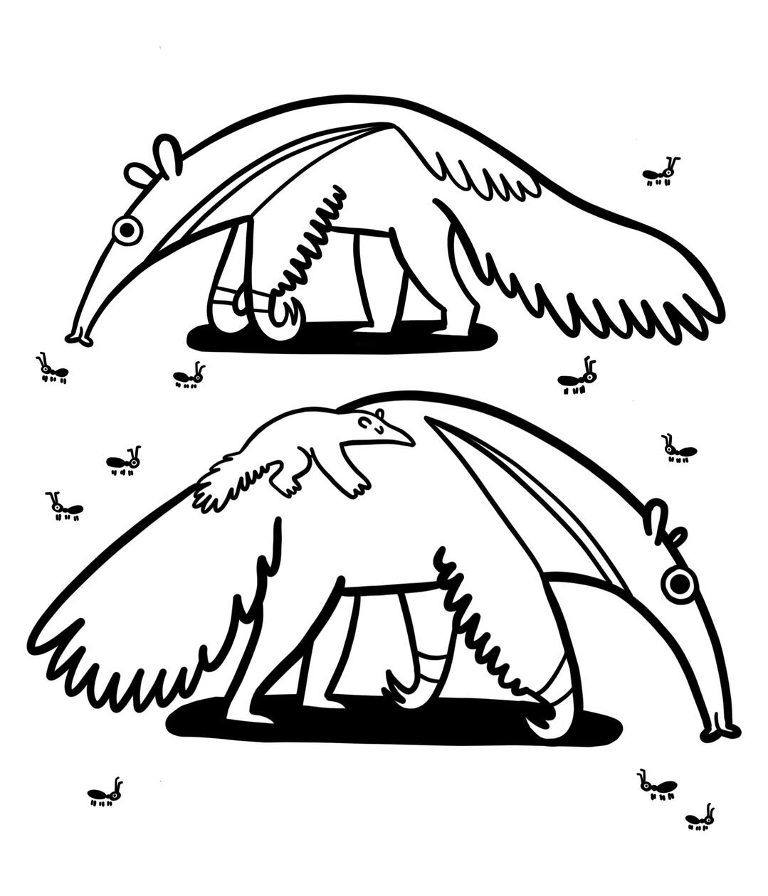 coloring page of three anteaters, two adults and one baby riding on the back of its mom